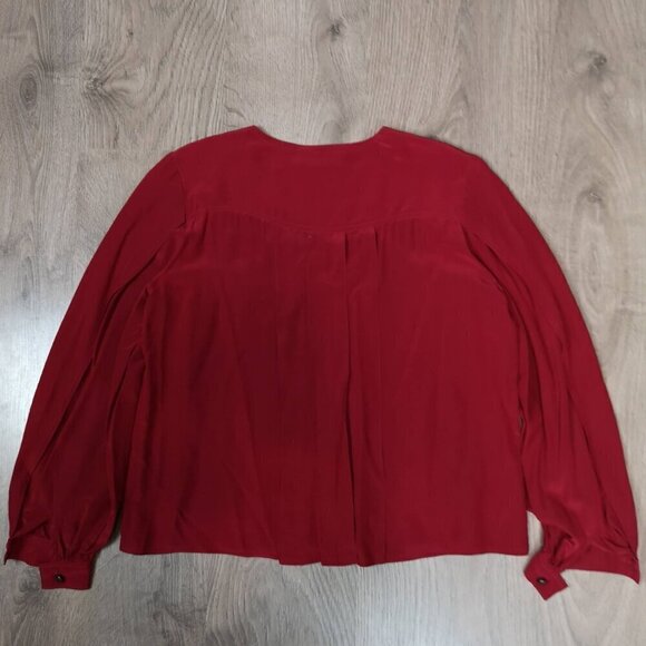 80s Vintage Designer Pleat Red Silk Crepe de Chine Long Sleeve Loose Fit Blouse - Picture 7 of 10